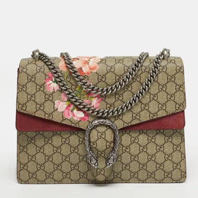 Pre-owned Gucci Dionysus Medium Beige/burgundy Blooms Gg Supreme Canvas Shoulder Bag In Sand