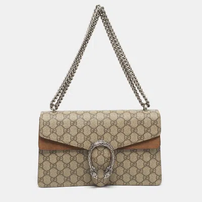 Pre-owned Gucci Dionysus Small Beige Gg Supreme Canvas And Suede Shoulder Bag In Sand