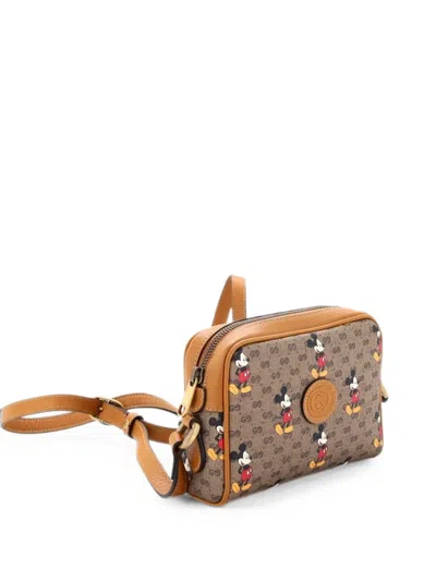 Pre-owned Gucci Disney Mickey Mouse Shoulder Bag Printed Mini Gg Coated Canvas Mini Crossbody Bag In Brown