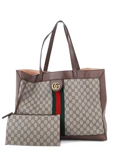 Pre-owned Gucci Disney Three Little Pigs Ophidia Soft Open Gg Coated Canvas East West Tote Bag In Brown