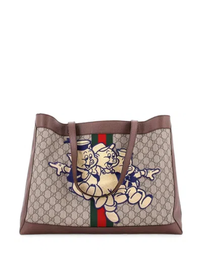 Pre-owned Gucci Disney Three Little Pigs Ophidia Soft Open Gg Coated Canvas East West Tote Bag In Brown