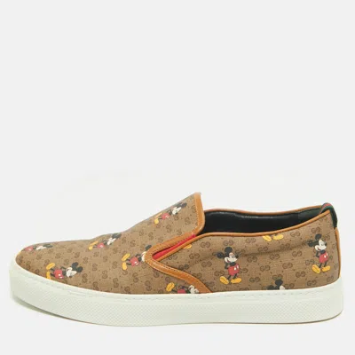 Pre-owned Gucci Disney X  Brown Gg Supreme Canvas Slip-on Mickey Mouse Sneakers Size 44.5