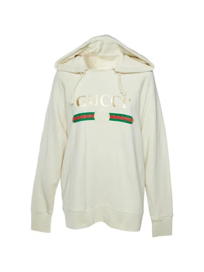 Pre-owned Gucci Distressed Logo-print Hoodie In Neutrals