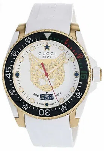Pre-owned Gucci Dive 40mm White Feline Head Dial Rubber Men's Watch Ya136322