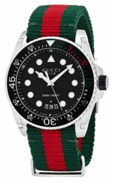 Pre-owned Gucci Dive 45mm Black Matte Dial Green Red Web Nylon Watch Ya136209a