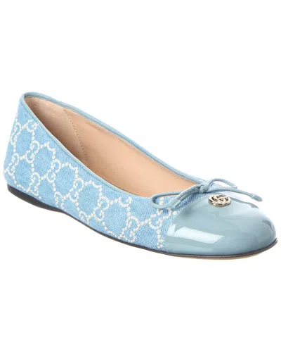 Gucci Gg Embellished Denim & Patent Ballet Flat In Blue