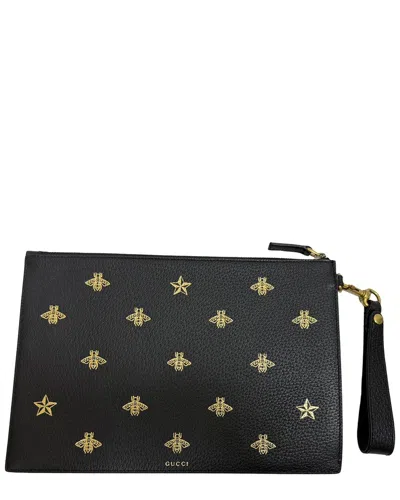 Gucci Dollar Boar Effect Bee Star Zip Wristlet Pouch (authentic Pre-loved) In Black