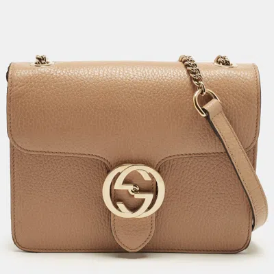 Pre-owned Gucci Dollar Interlocking G Small Tan Leather Shoulder Bag