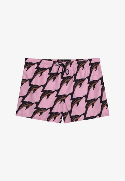 Gucci Mens Pink Deep Brown Printed Technical Poplin Swim Shorts In Multi