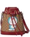 Gucci Doraemon Printed Coated Canvas & Leather Bucket Bag In Brown