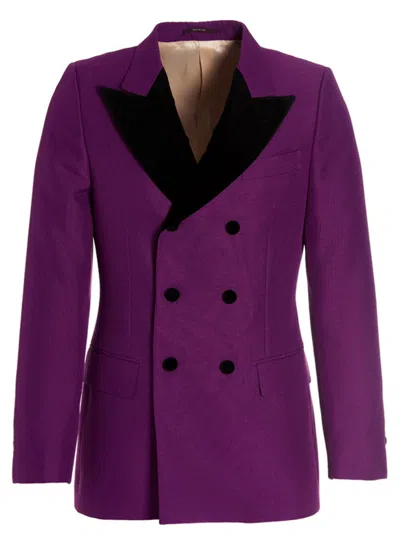 Gucci Double-breasted Blazer In Textured Polyester Gauze In Purple