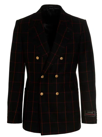 Gucci Double-breasted Check Blazer Multicolor In Black