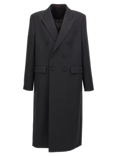 Gucci Grey Double-breasted Coat With Web Detail In Wool Man In Gray