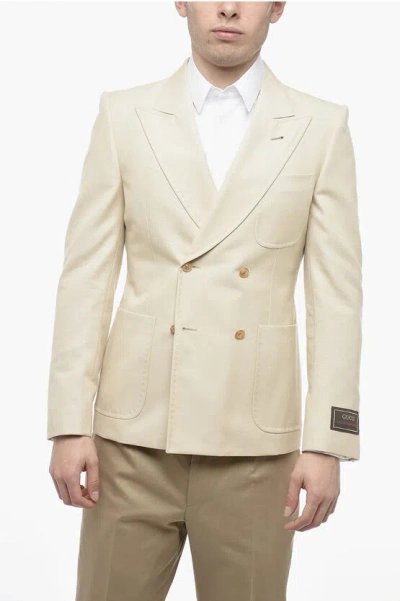 Gucci Double-breasted Cotton Blazer With Peak Lapel In Yellow