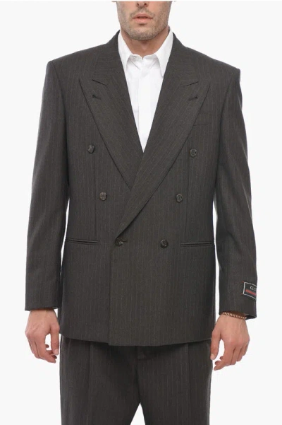 Gucci Double-breasted Herringbone Wool Blazer With Peak Lapel In Black