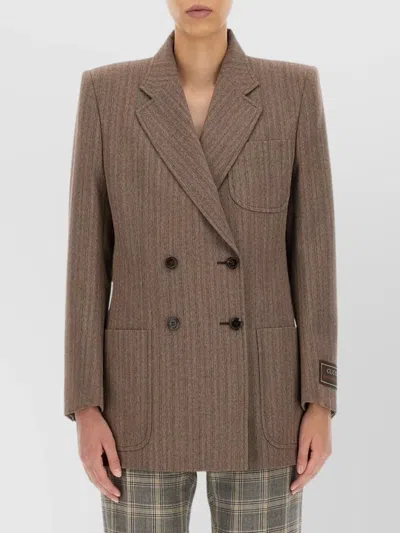 Gucci Double Breasted Herringbone Wool Coat In Brown