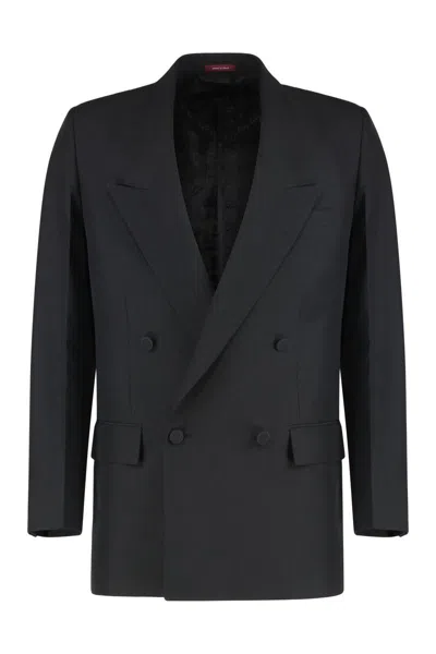 Gucci Black Double-breasted Jacket In Technical Panama In Multi