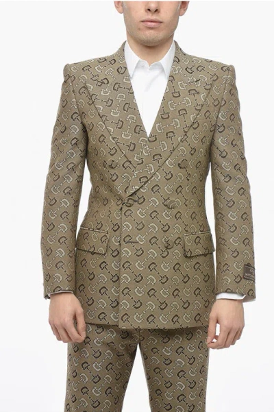Gucci Double-breasted Jacquard Cotton Blend Blazer With Morset Mot In Blue