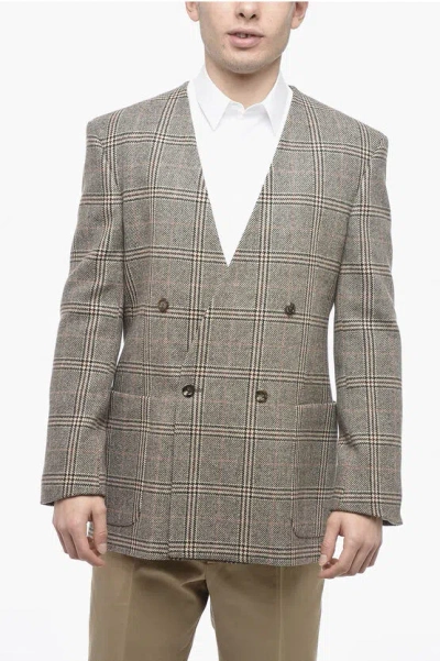 Gucci Double-breasted Wool Blend Blazer With District Check Motif In Green