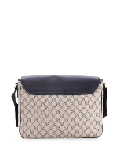 Pre-owned Gucci Double Buckle Flap Messenger Bag Gg Coated Canvas With Leather Medium Crossbody Bag In Black