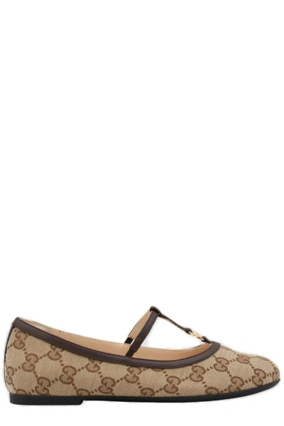 Gucci Kids' Double G Ballet Flats In Brown