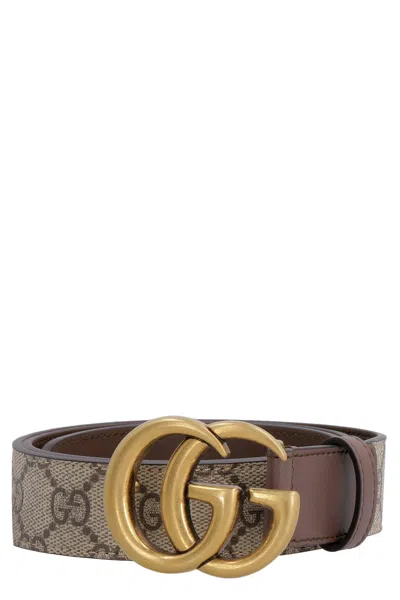 Gucci Double G Buckle Belt In Brown Leather And Gg Canvas For Women