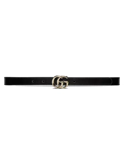 Gucci Double G Buckle Leather Belt With Light Gold-toned Hardware (buckle 4cm X 3cm) - 2cm Width In Nero