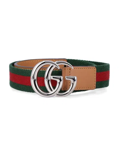 Gucci Double G Buckle Web Ribbon Belt For Girls, 2.5 Cm In Green Red Brown