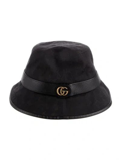 Pre-owned Gucci Double G Canvas Jacquard Leather Trim Bucket Hat In Black