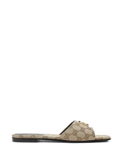 Gucci Double G Slides In Beige Sand Gg Canvas In Neutral