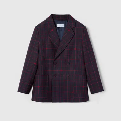 Gucci Kids' Double G Check Wool Jacket In Blue