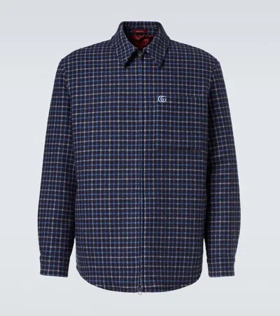 Gucci Double G Checked Wool-blend Overshirt In Blue