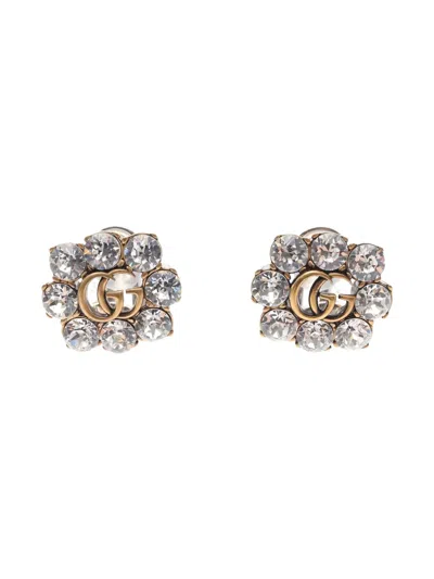 Pre-owned Gucci Double G Crystal-embellished Earrings In Gold