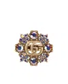 Gucci Ring Mit Doppel G Und Blumen Mit Kristallen In Blue
