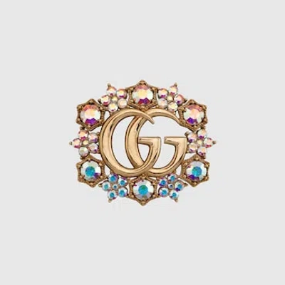 Gucci Brosche Mit Doppel G Und Blumen Mit Kristallen In Gold