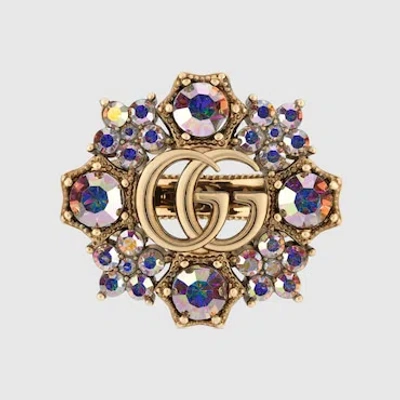 Gucci Ring Mit Doppel G Und Blumen Mit Kristallen In Gold