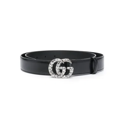 Gucci Double G Crystal-embellished Belt In Black
