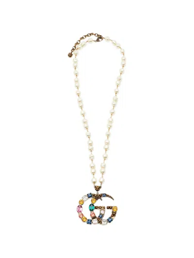 Pre-owned Gucci Double G Crystal-embellished Necklace In Gold