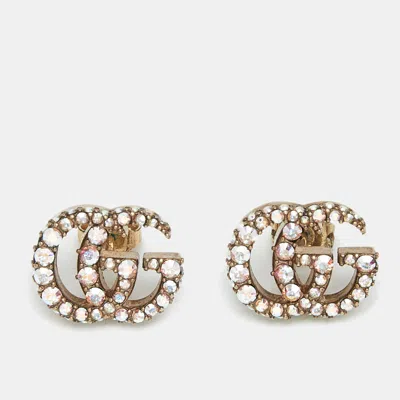 Pre-owned Gucci Double G Crystals Gold Tone Earrings