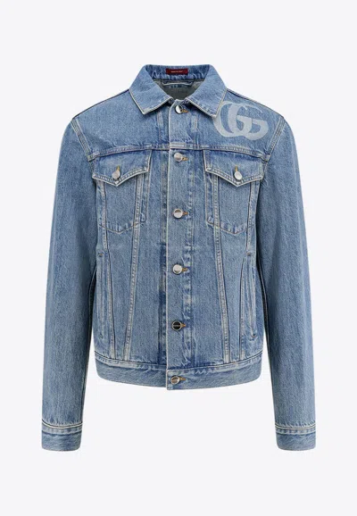 Gucci Light Blue Jacket With Gg Logo Print On The Front In Denim Man In Black