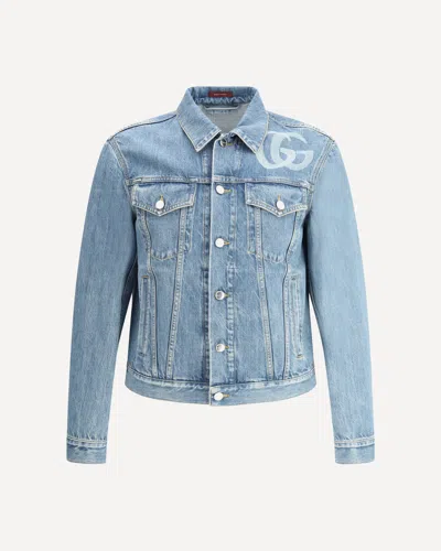Gucci Light Blue Jacket With Gg Logo Print On The Front In Denim Man In Black
