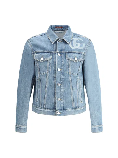 Gucci Light Blue Jacket With Gg Logo Print On The Front In Denim Man In Black