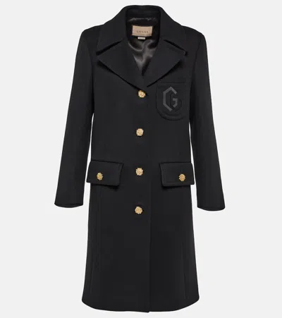 Gucci Double G Embroidered Wool Coat In Black