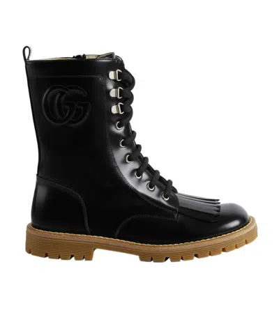 Gucci Double G Embroiered-logo Lace-up Boots In Black