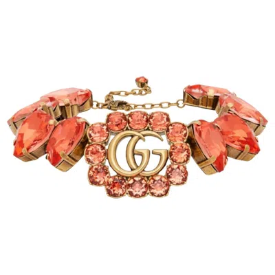 Pre-owned Gucci Double G Heart-crystal Necklace In Red