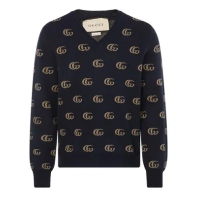 Gucci Double G Jacquard Wool V-neck Sweater 'navy' In Blue