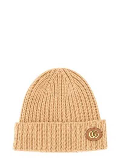 Gucci Double G Knitted Beanie In Camel