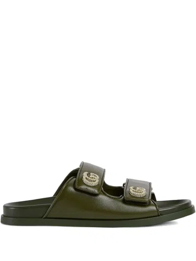 Gucci Crystal Double Strap Flat Sandals In Green