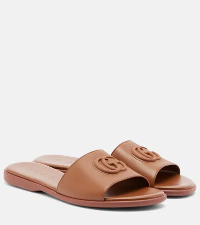 Gucci Double G Leather Slides In Brown