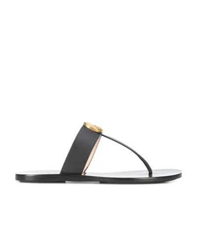 Gucci Double G Leather Thong Sandals In Black